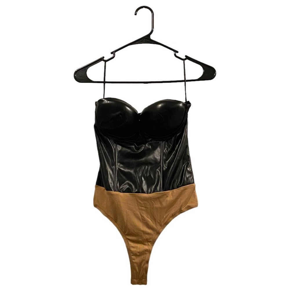 JLUXLABEL COCO XENIA Faux Leather Bustier Bodysuit Strapless Black S